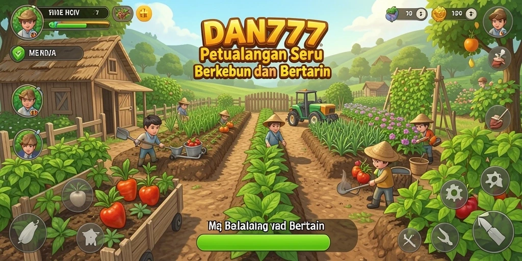 Tangkapan layar dari gameplay DAN777 yang menunjukkan ladang subur dan aktivitas bertani.