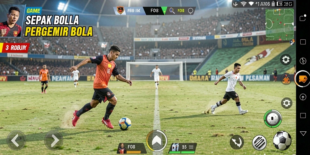 Screenshot utama F08 menampilkan aksi seru di lapangan sepak bola.