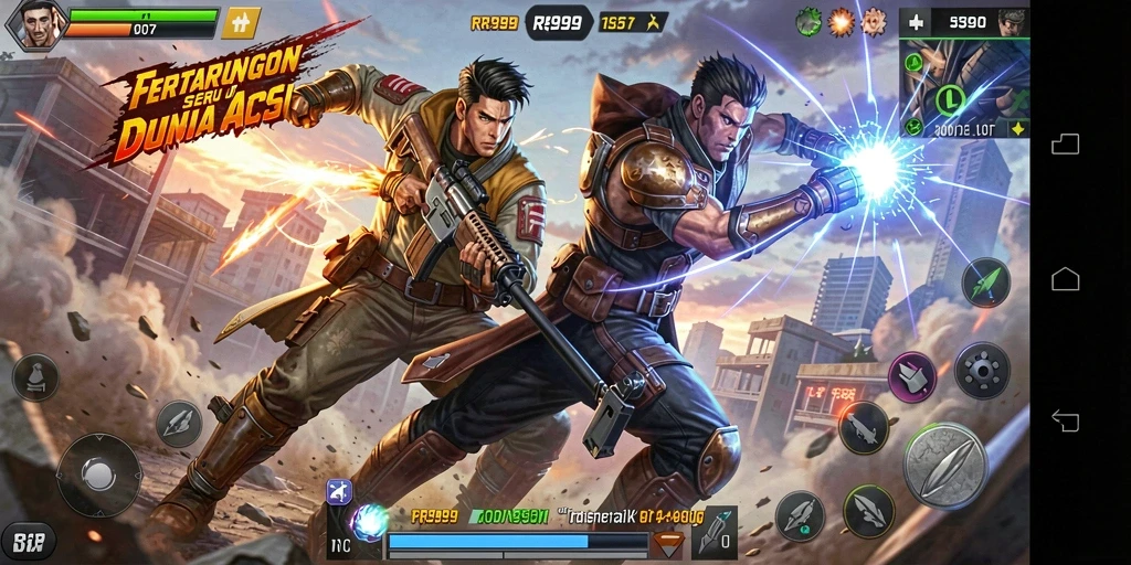 Tampilan screenshot action RR999 menunjukkan pertarungan yang intens.