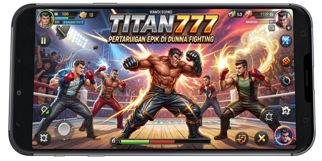 Tampilan gameplay TITAN777 yang epik dan penuh aksi di arena pertarungan.